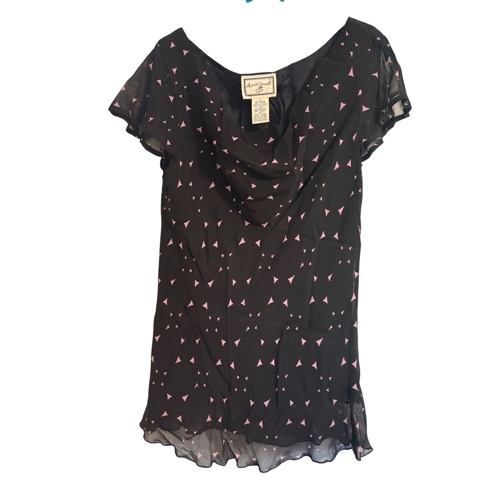 April Cornell Vintage Y2K Blouse Black Pink Triangle Print Cowl Neck Tunic Large